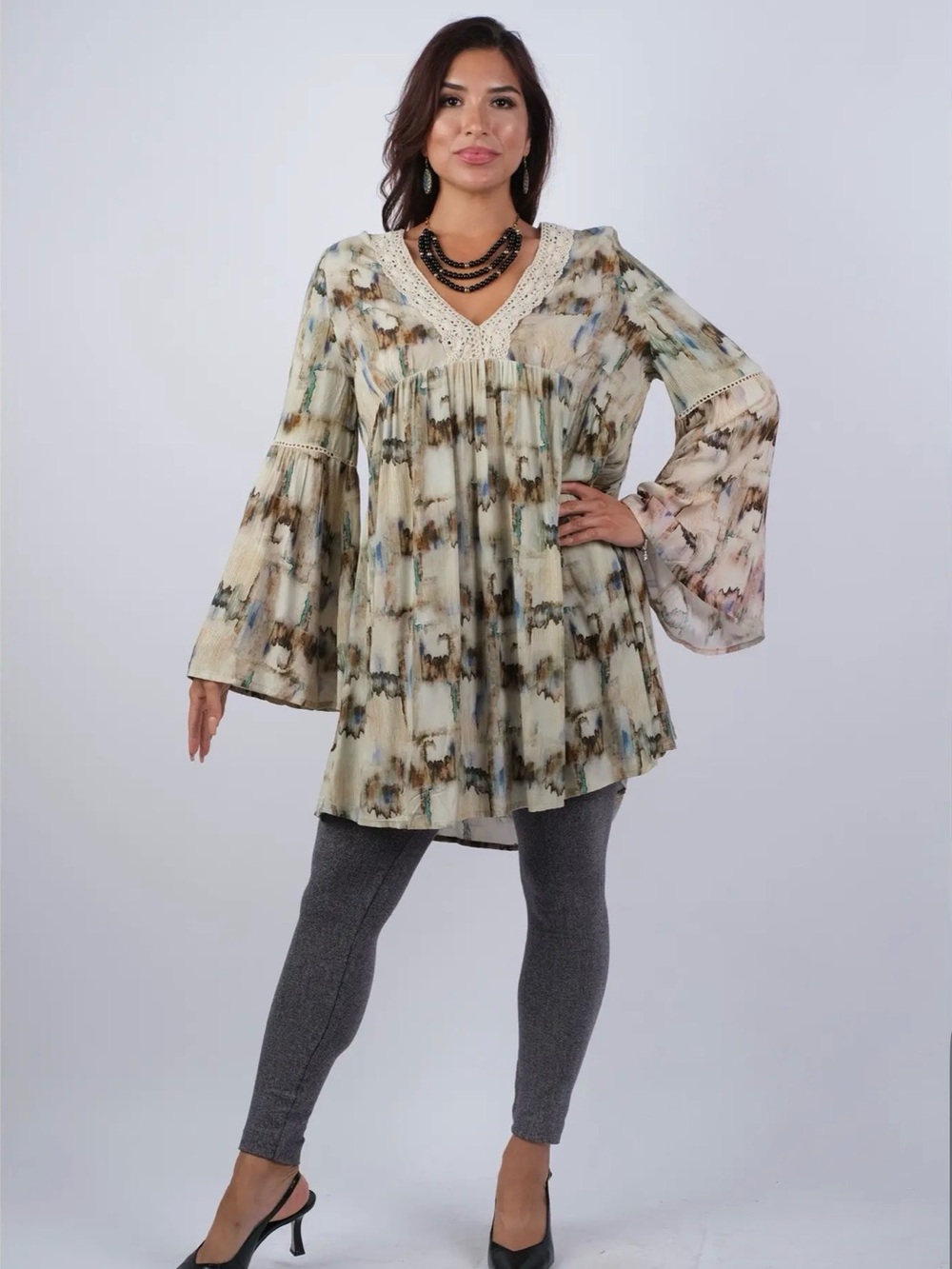 Sacred Threads Abstract Camel Tunic with Flared Sleeves